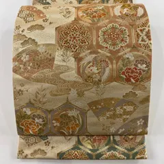 【美品】 袋帯 秀品 松竹梅 花鳥 箔 金糸 ベージュ 六通 正絹 【中古】