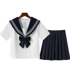 新品 女子制服 3点セット コスプレ 学生服 女子高校生 高校生 蝶結び 学生 制服 コスチューム スカート 白三本 JK制服 半袖 刺繍 可愛い 本格制服 セーラー服 紺色の襟 ネイビー 学園祭 [JewelAngel] 文化祭 仮装