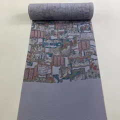 反物 秀品 小紋 屏風 花鳥 縮緬 青灰色 正絹 【中古】