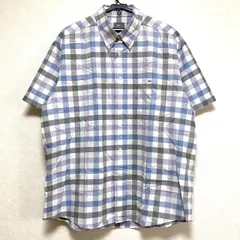 LACOSTE ラコステ 日本製 チェック柄 半袖 シャツ メンズ5(L相当) ワニ刺繍 ボタンダウン 青 ブルー グレー ホワイト 美品