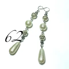 62透かしパーツ＆コットン風ドロップパールゆらゆらピアス ハンドメイドピアス イヤリング 現品限り