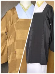 ちりめん　道行リバーシブル　からし/黒系　裄66.5