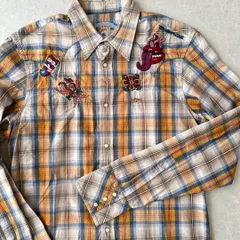 刺繍チェック長袖シャツ チェック柄 M 古着 メンズ