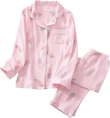 MowaLef モワレフ 綿100 ダブルガーゼ パジャマ レディース 長袖 上下セット 春 夏 秋 前開き 襟付き ルームウェア 柔らかい 通気性 吸汗 快適 部屋着 寝巻き (ピンク,  L)