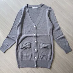 GALLERY VISCONTI／ギャラリーヴィスコンティ　パール＆リボン付きカーディガン　ウール　グレー