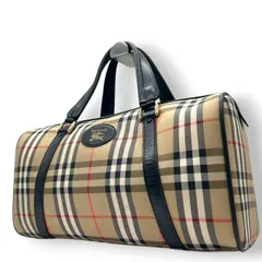 【美品】バーバリー Burberrys ヴィンテージ ミニボストンバッグ ハンドバッグ ノバチェック シャドーホース ホースロゴ キャンバス レザー ベージュ ブラック 筒形 ドラムバッグ 大容量 クラシック レディース 自立可 クリーニング済み H