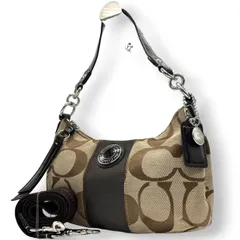 【極美品】コーチ COACH 2WAY ハンドバッグ F19218 ショルダーバッグ シグネチャー レディース キャンバス レザー ブラウン ベージュ ワンショルダー 斜め掛け可 クロスボディ ホーボーバッグ  エレガント クリーニング済み s64