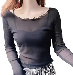 Kopi シースルー インナー 長袖 シアー 重ね着 薄手 透け感 シャツ UV対策 きれいめ チュール トップス ラウンドネック コスプレ レイヤード vネック (ブラック,  Free Size)