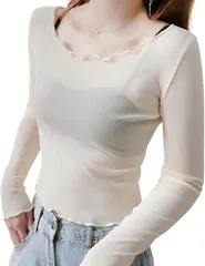 Kopi シースルー インナー 長袖 シアー 重ね着 薄手 透け感 シャツ UV対策 きれいめ チュール トップス ラウンドネック コスプレ レイヤード vネック (ベージュ,  Free Size)