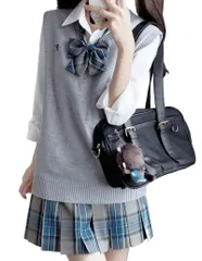 新品 [Sivrusn] 女子高生 制服 コスプレ スクール ニットベスト Vネック チェックスカート 長袖シャツ 蝶結び 4点セット ニットウェア 女子高校生 学生服 JK制服 コスチューム 衣装 入学式 卒業式 学園祭 文化祭
