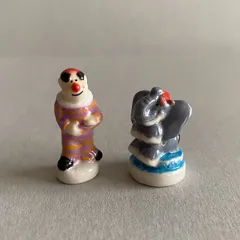 サーカスのピエロと象のフェーブ／フランス雑貨／陶器ミニチュア／ブロカント／ヴィンテージ／蚤の市／幸運の小さな陶器