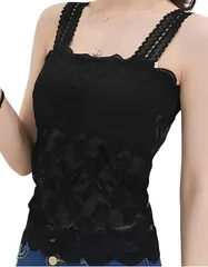 Kopi カップ付き レース インナー ノースリーブ 見せる 総レース 胸元カバー チラ見え防止 キャミソール 肌着 オールシーズン カップ付きタンクトップ スポーツ ベビードール (ブラック,  M)
