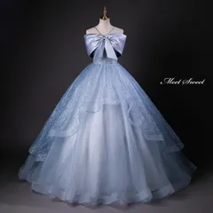 新品 カラードレス プリンセスライン ロングドレス ブルー フリル リボン パール ウェディングドレス 結婚式 二次会 花嫁 前撮り 演奏会 発表会 ステージ衣装