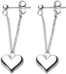 AREUM ハートピアス 垂れ下がり チェーン 両耳 揺れる シルバーカラー かわいい おしゃれ レディース 人気 アクセサリー (シルバー,  中)