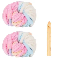 新品 チャンキーニット 毛糸 2巻セット 極太 直径20mm ふわふわ 編み糸 グラデーション DIY 手編みロープ 毛布・ひざ掛け・クッション・ペットハウス作り用 洗濯可能 手作り材料 かぎ針付き 約27m/巻
