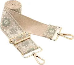 HSE金丸商店 ショルダーストラップ 刺繍 幅広 花柄 ボヘミアン チェック レオパード (ライトグリーン フラワー,  幅5cm)