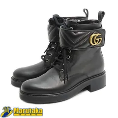【グッチ ショートブーツ】レディース 37 約24cm GGマーモント レザー ブラック 670397 キルティング ベルト レースアップ GUCCI 中古 逸品質屋 丸高 甲子園店 人気 ブランド 高級 25k277-1