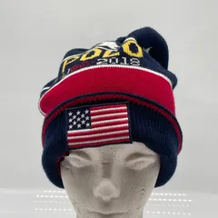 KO3475□ポロラルフローレン ポンポンつき ニット帽 ビーニー ニットキャップ ネイビー 星条旗