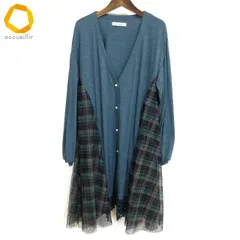#a スカラー ScoLar ロング カーディガン M 青緑系 マルチ チェック Aライン パールボタン レース レディース [955878] k01のサムネイル