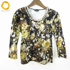 #a インゲボルグ INGEBORG カットソー 11 黒 黄色系 マルチ 花柄 首元フリル 七分袖 コットン レディース [972593] k01