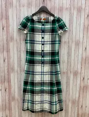 ヨークランド YORKLAND ワンピース 半袖 ひざ丈 フレア ボートネック チェック 11AR グリーン系 MR269