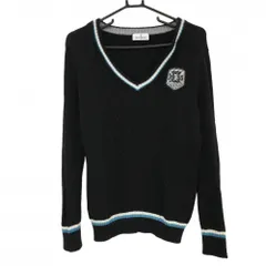 【美品】マンシングウェア セーター 黒×白×ライトブルー 一部ケーブル編み ニット ウール混 レディース L ゴルフウェア Munsingwear