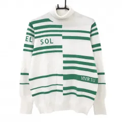 【超美品】デルソル タートルネックセーター 白×グリーン 一部ボーダー ニット レディース LL ゴルフウェア DELSOL