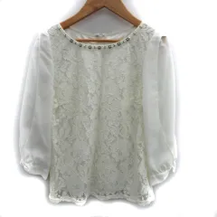 アプワイザーリッシェ Apuweiser-riche ブラウス カットソー 七分袖 ラウンドネック レース 刺繍 切替 シースルー ビーズ 1 アイボリー /SM15