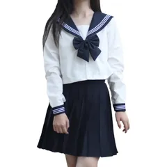新品 [FAVORABLE SCENERY] セーラー服 レディース 長袖 シャツ スカート 上下セット 前開き コスプレ JK 制服 コスチューム 白 ネイビー 高校生