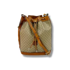 セリーヌ　CELINE 巾着型　ショルダーバッグ　ベージュ　ブラウン　マカダム柄　PVCレザー