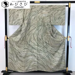 小紋 抽象曲線模様 蝋纈染 昆布茶色 縮緬 K-5469