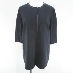 フィローザ Firosa 七分袖 カットソー ブラウス 麻 リネン 11 紺系 ネイビー 日本製 ボールチェーン シースルー 透け感 切替 無地