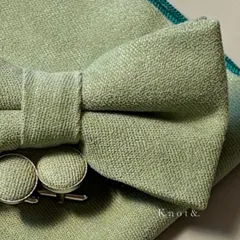 蝶ネクタイ メンズ 前撮り 結婚式 フォーマル 3点セット ポケットチーフ カフス くすみカラー タキシード スーツ 二次会 披露宴 成人式 淡いくすみグリーン パーティー 上品 おしゃれ ギフト プレゼント ファッション小物 ボウタイ 男性 紳士 緑 無地