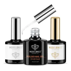 Modelones ジェルネイル トップ コート ベース コート ビルダー ネイル ジェル 3*15mlセット、ノンワイプトップコート、 トップ コート シャイン フィニッシュ、7-in-1 クリア ジェル ビルダー 爪の強化 アペックス ジェルネイル用 UV