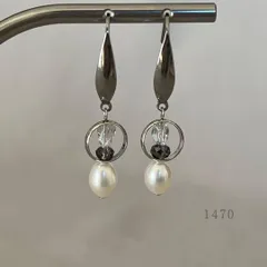 淡水パール＆リング＆モカブラウン・クリスタル　ピアス　・・✽・・　〈真珠　サージカルステンレス　フック〉