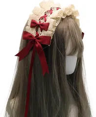 JP Number ゴスロリ 髪飾り ヘッドドレス メイド カチューシャ ロリータ コスプレ 簡単装着 (ベージュxレッド,  （ヘッド部）長さ30cm、幅9cm （リボン）蝶々の幅11.5cm　両側紐長さ：約43.5cm)