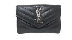 YSL/サンローラン パリ　VスティッチYSLロゴレザーカードケース　414404　ブラック/シルバー　カードケース　小銭入れ　【中古】