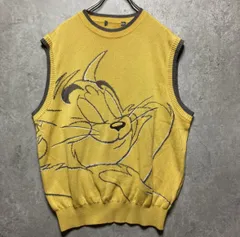 グリーンクラブ GREEN CLUB トム＆ジェリー ニットベスト キャラクター 総柄 イエロー F 90sレトロ古着　ヴィンテージ