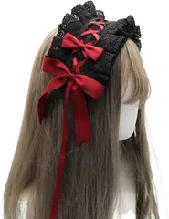 JP Number ゴスロリ 髪飾り ヘッドドレス メイド カチューシャ ロリータ コスプレ 簡単装着 (ブラックxレッド,  （ヘッド部）長さ30cm、幅9cm （リボン）蝶々の幅11.5cm　両側紐長さ：約43.5cm)