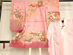 平和屋着物[]七五三　女の子　３歳　祝着　三つ身　長襦袢セット　花車文　暈し染め　金彩　逸品　AAAU5340ja