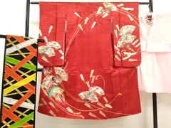 平和屋着物[]七五三　女の子　７歳　祝着　四つ身　長襦袢・袋帯セット　扇面人物飛鶴花文　金彩　洗える着物　CAAT6084ze