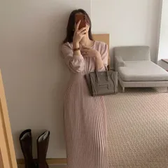 M ピンクベージュ ワンピース　ロング　長袖 プリーツ　上品　フォーマル　ワンピ