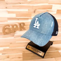 レア/廃番【ニューエラ×ドジャース】ダメージ デニム LAロゴ キャップ 青×紺 トラッカー メッシュ 刺繍 ブルー ホワイト