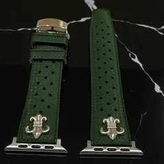 モスグリーン　AppleWatch用フッ素ラバー　バンド　百合　紋章　コンチョ　アップルウォッチ用　カスタム　ベルト　38 40 41 42 44 45 46 49 SE 　Ultra