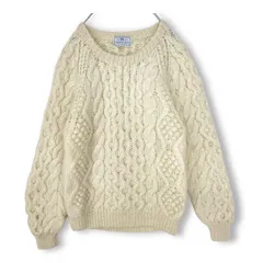 90s　vintage　フィッシャーマン　肉厚アランニット　3Dデザイン アイボリー ウール ケーブル編み ニットセーター ユニセックス