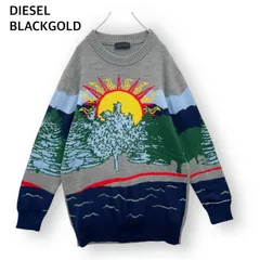 超激レア　DIESEL BLACK GOLD　個性的　総柄　ニットセーター ディーゼルブラックゴールド 太陽 日の出 サンライズ 森 ボタニカル 総柄 奇抜 メンズ