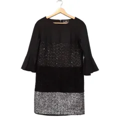 グレースコンチネンタル ワンピース サイズ36 S レディース美品  - 黒×シルバー クルーネック/七分袖/ひざ丈/スパンコール/ラメ