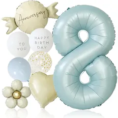 【新品】 deerzon くすみブルー 8歳 くすみカラー 数字 バルーン 誕生日 飾り付け 10点 セット 大きい 65cm くすみ ニュアンスカラー ナンバーバルーン バースデー 0