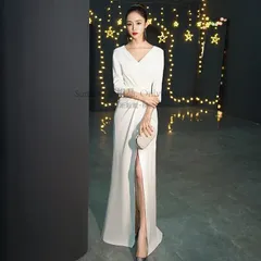 ウエディングドレス カラードレス レディース ドレス 二次会 マーメイド ロング スリット Ｖネック カシュクール 七分袖 大きいサイズ 3L 小さいサイズ 白 黒 CCLF1104P051