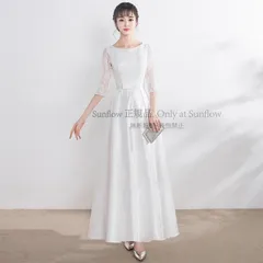 一部 ウェディングドレス 花柄 レース 結婚式 花嫁 二次会 ロングドレス 白 ホワイト ミディアム丈 袖あり 五分袖 ウエストマーク 大きいサイズ 3L 4L CCLF1104P066